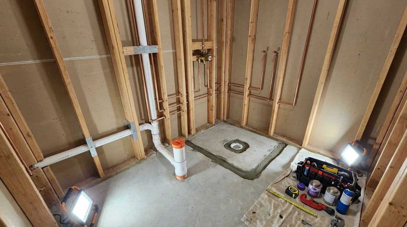 Bathroom rough-in plumbing during remodel by Johns Plumbing LLC in Dulce