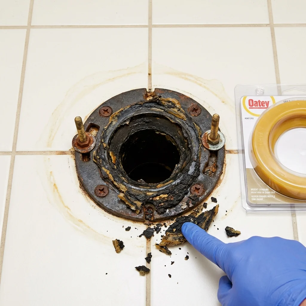 Failed wax ring showing water seepage at the base of a toilet in a Dulce, NM home