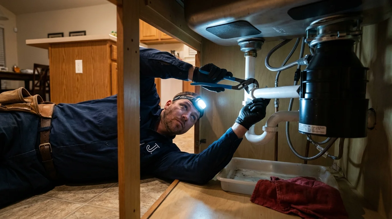 P-trap and supply line connections under a kitchen sink showing a common leak point in Dulce, NM